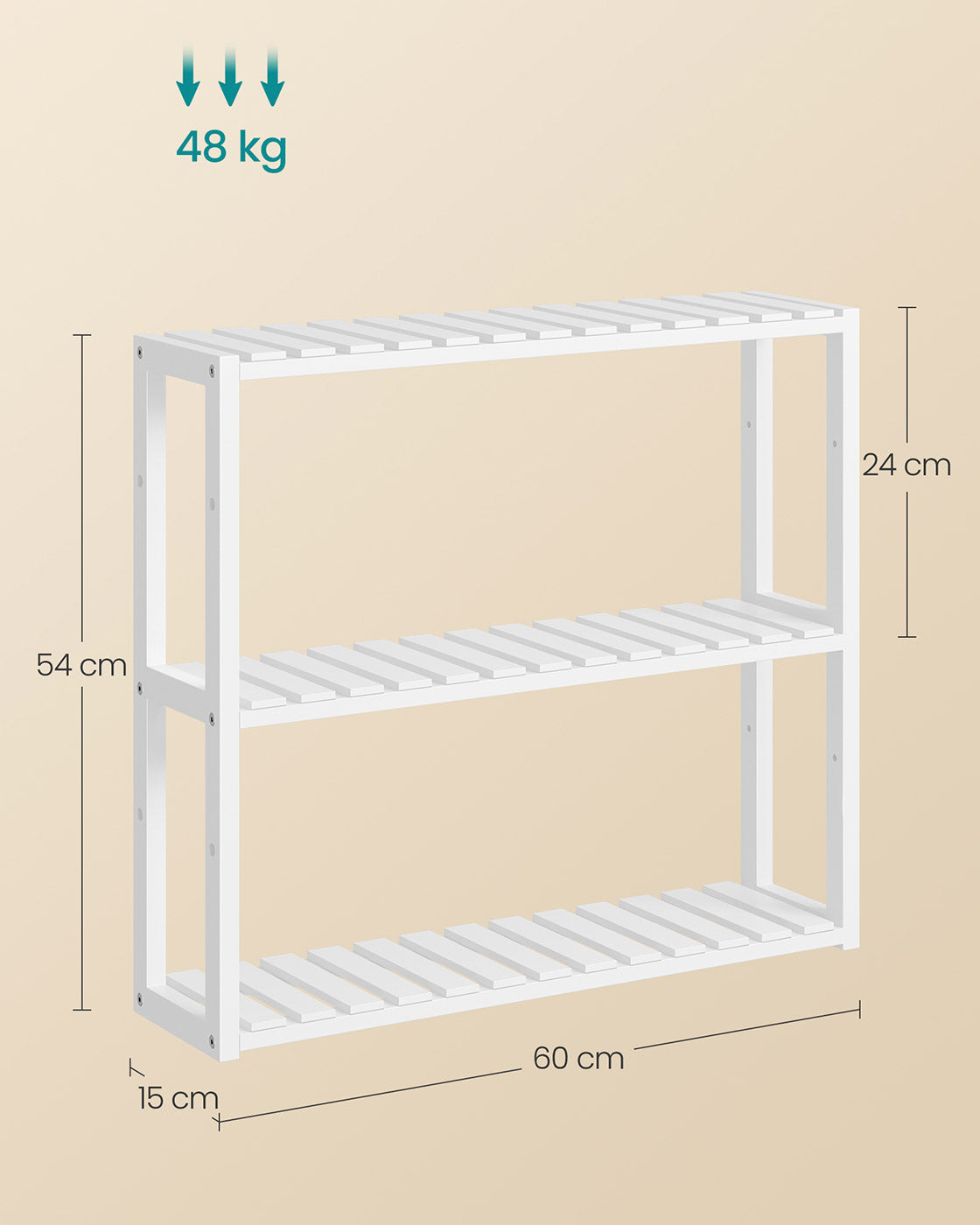 Adjustable Rack – Bamboo – White – 3-Tier Space-Saving Wall Shelf 60 x 15 x 54 cm