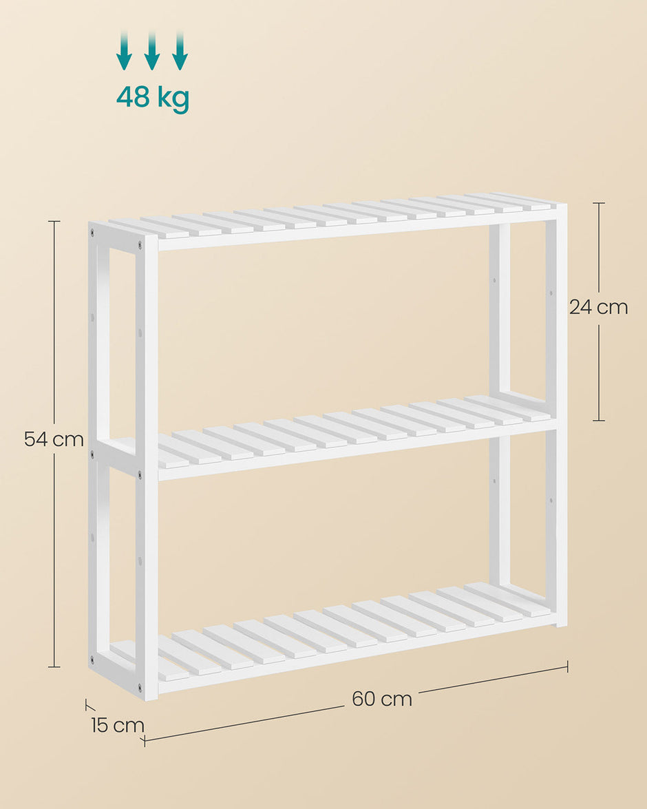 Adjustable Rack – Bamboo – White – 3-Tier Space-Saving Wall Shelf 60 x 15 x 54 cm