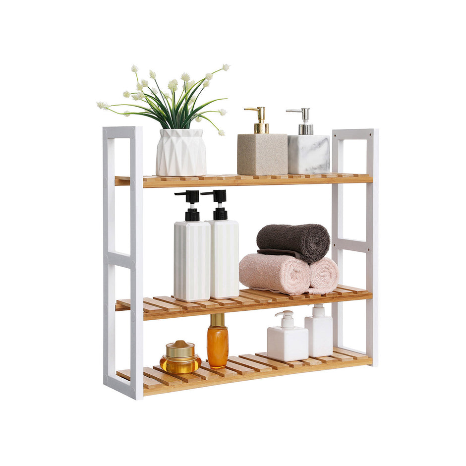 3-Tier Adjustable Bathroom Shelf – Bamboo – White – Space-saving Design