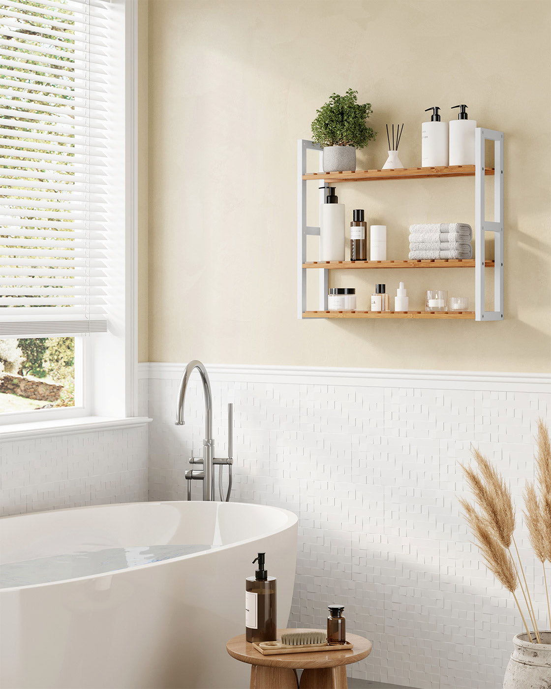 3-Tier Adjustable Bathroom Shelf – Bamboo – White – Space-saving Design