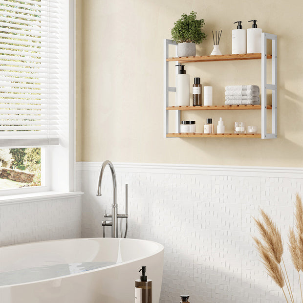 3-Tier Adjustable Bathroom Shelf – Bamboo – White – Space-saving Design