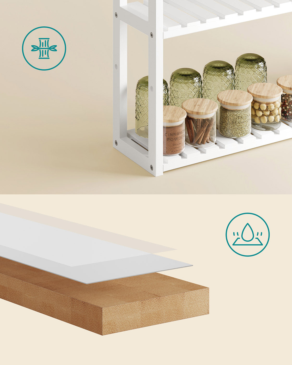 3-Tier Adjustable Bathroom Shelf – Bamboo – White – Space-saving Design