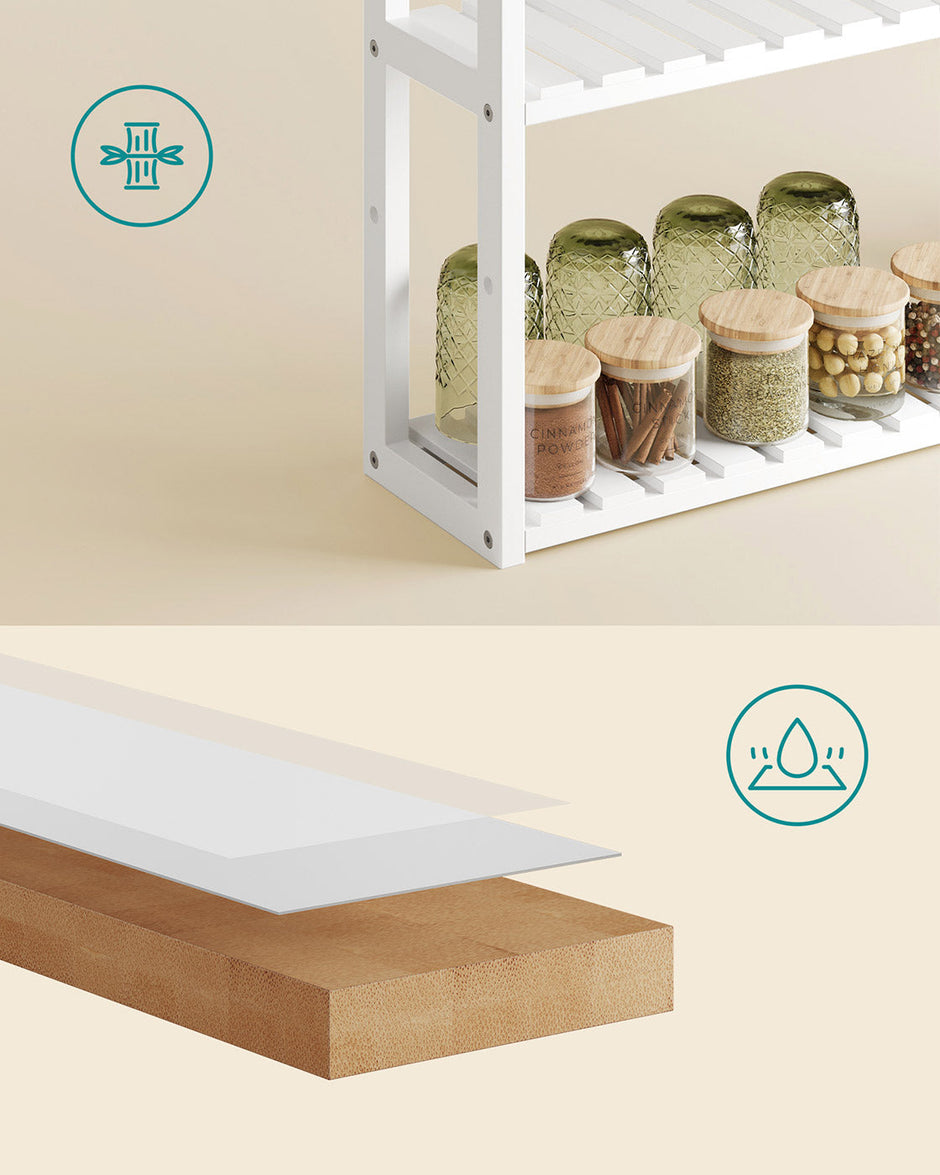 3-Tier Adjustable Bathroom Shelf – Bamboo – White – Space-saving Design