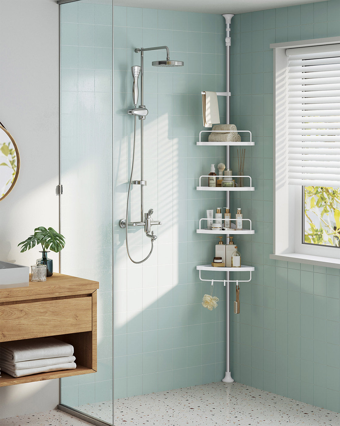Adjustable Corner Shower Caddy – Stainless Steel – White and Silver – Telescopic with 4 Trays, 3 Hooks, and Towel Bar