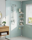 Adjustable Corner Shower Caddy – Stainless Steel – White and Silver – Telescopic with 4 Trays, 3 Hooks, and Towel Bar