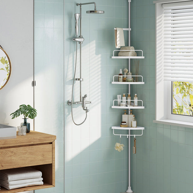 Adjustable Corner Shower Caddy – Stainless Steel – White and Silver – Telescopic with 4 Trays, 3 Hooks, and Towel Bar
