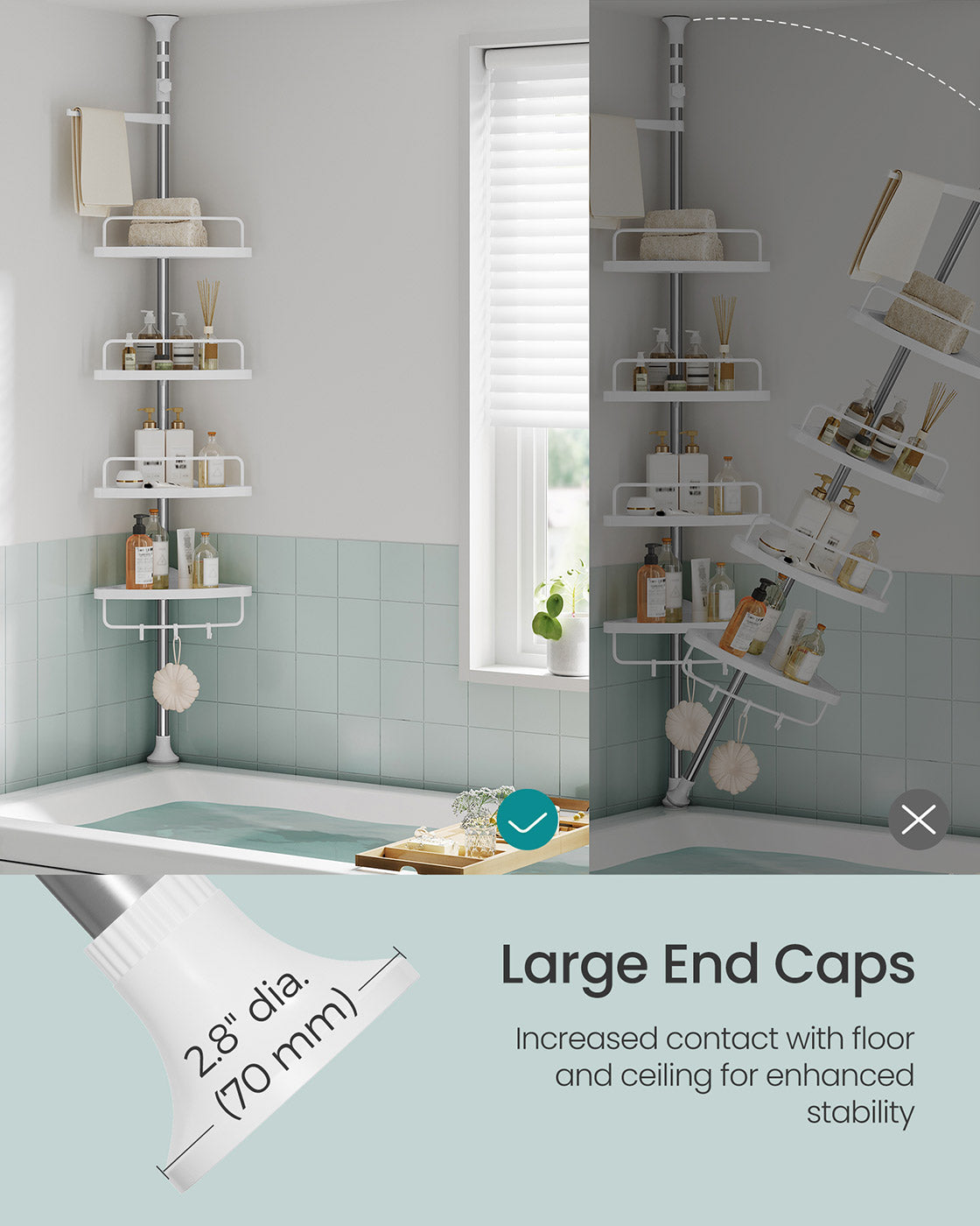 Adjustable Corner Shower Caddy – Stainless Steel – White and Silver – Telescopic with 4 Trays, 3 Hooks, and Towel Bar