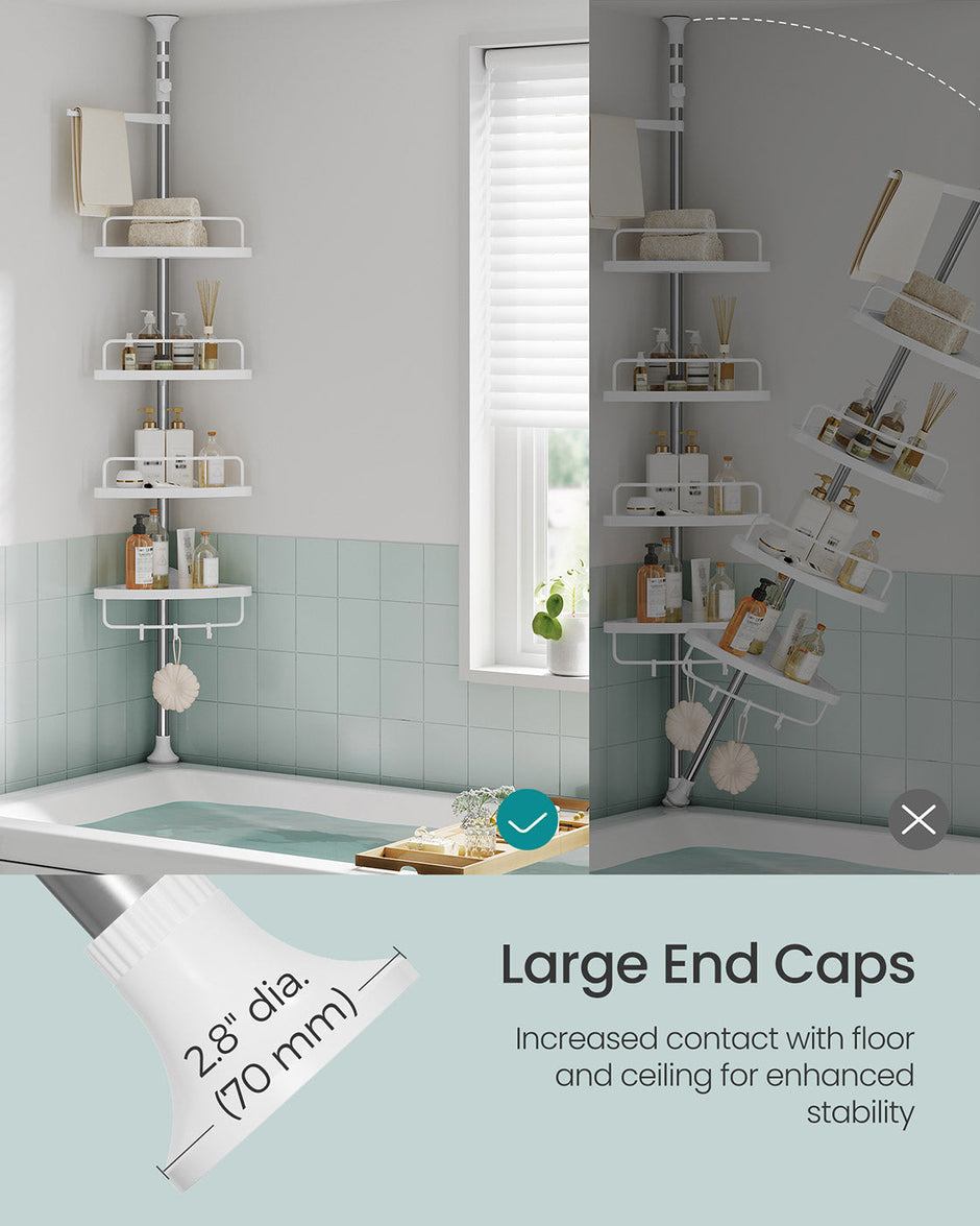 Adjustable Corner Shower Caddy – Stainless Steel – White and Silver – Telescopic with 4 Trays, 3 Hooks, and Towel Bar