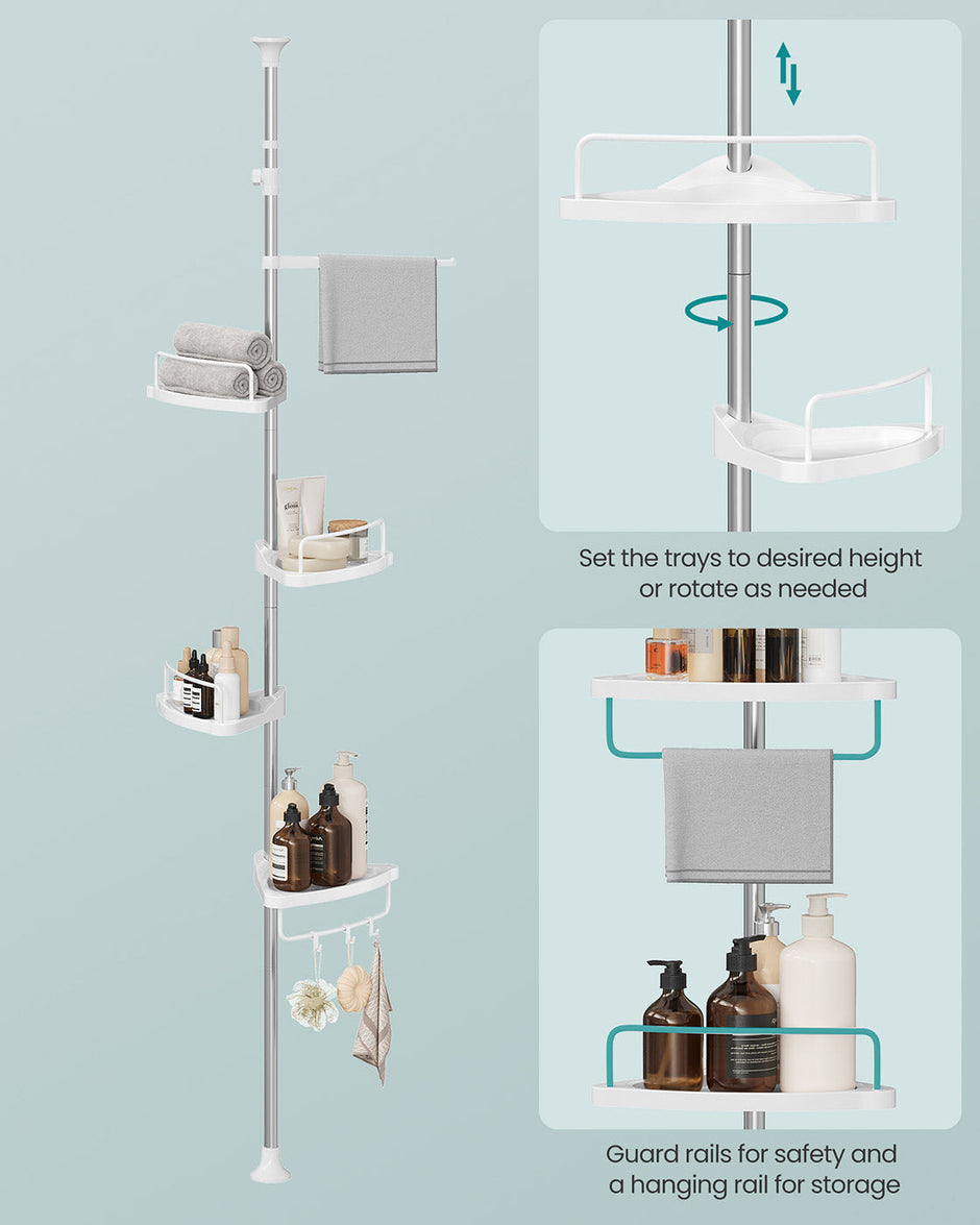 Adjustable Corner Shower Caddy – Stainless Steel – White and Silver – Telescopic with 4 Trays, 3 Hooks, and Towel Bar