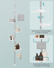 Adjustable Corner Shower Caddy – Stainless Steel – White and Silver – Telescopic with 4 Trays, 3 Hooks, and Towel Bar