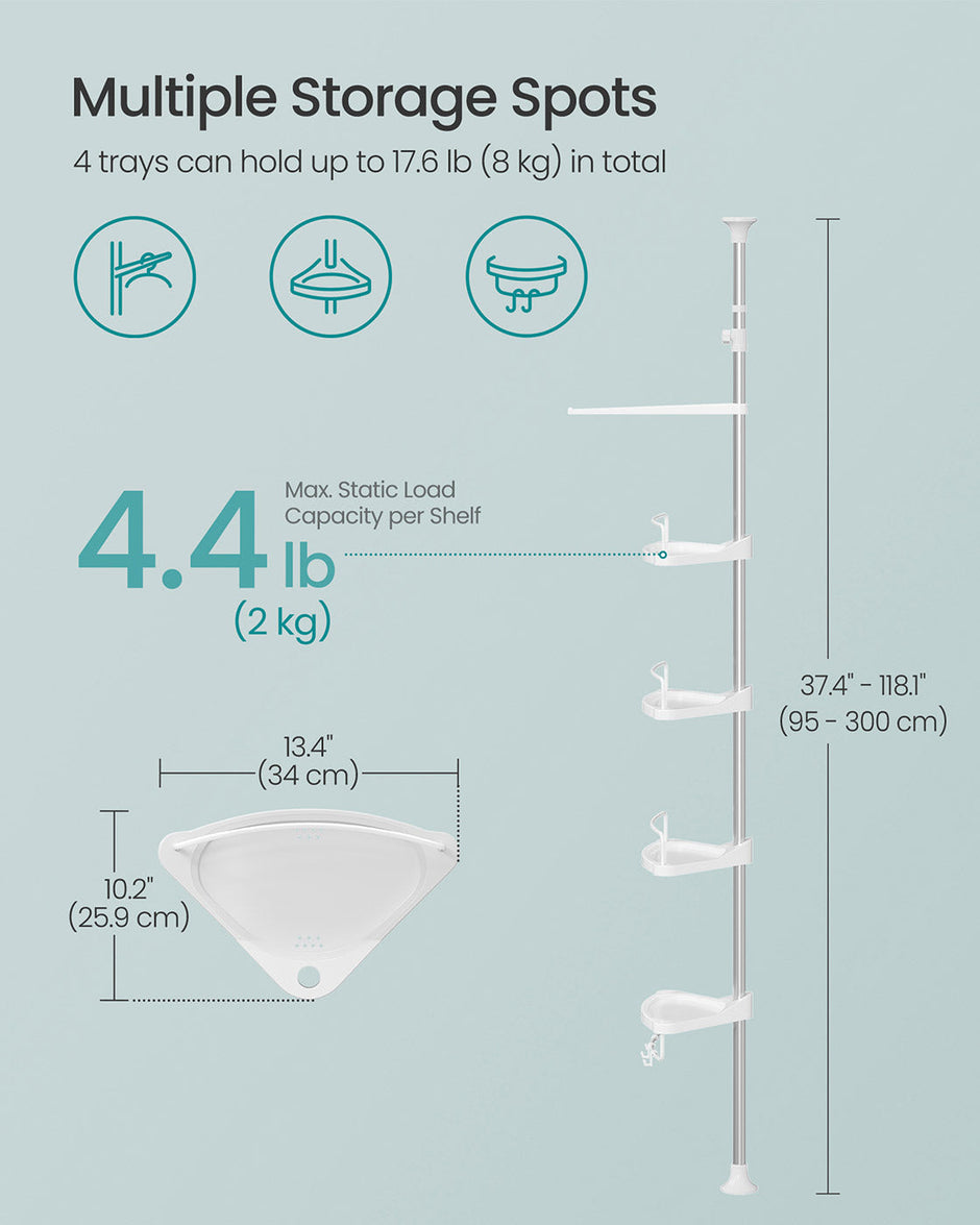 Adjustable Corner Shower Caddy – Stainless Steel – White and Silver – Telescopic with 4 Trays, 3 Hooks, and Towel Bar