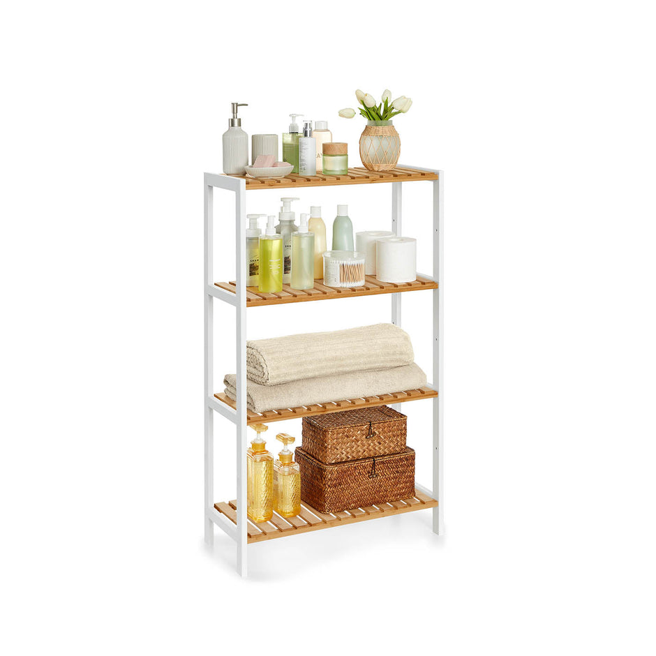 4-Tier Shelving Unit – Bamboo – White and Natural – Multifunctional