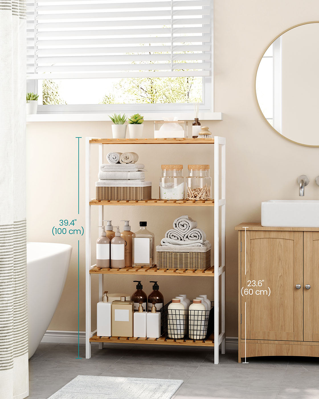 4-Tier Shelving Unit – Bamboo – White and Natural – Multifunctional