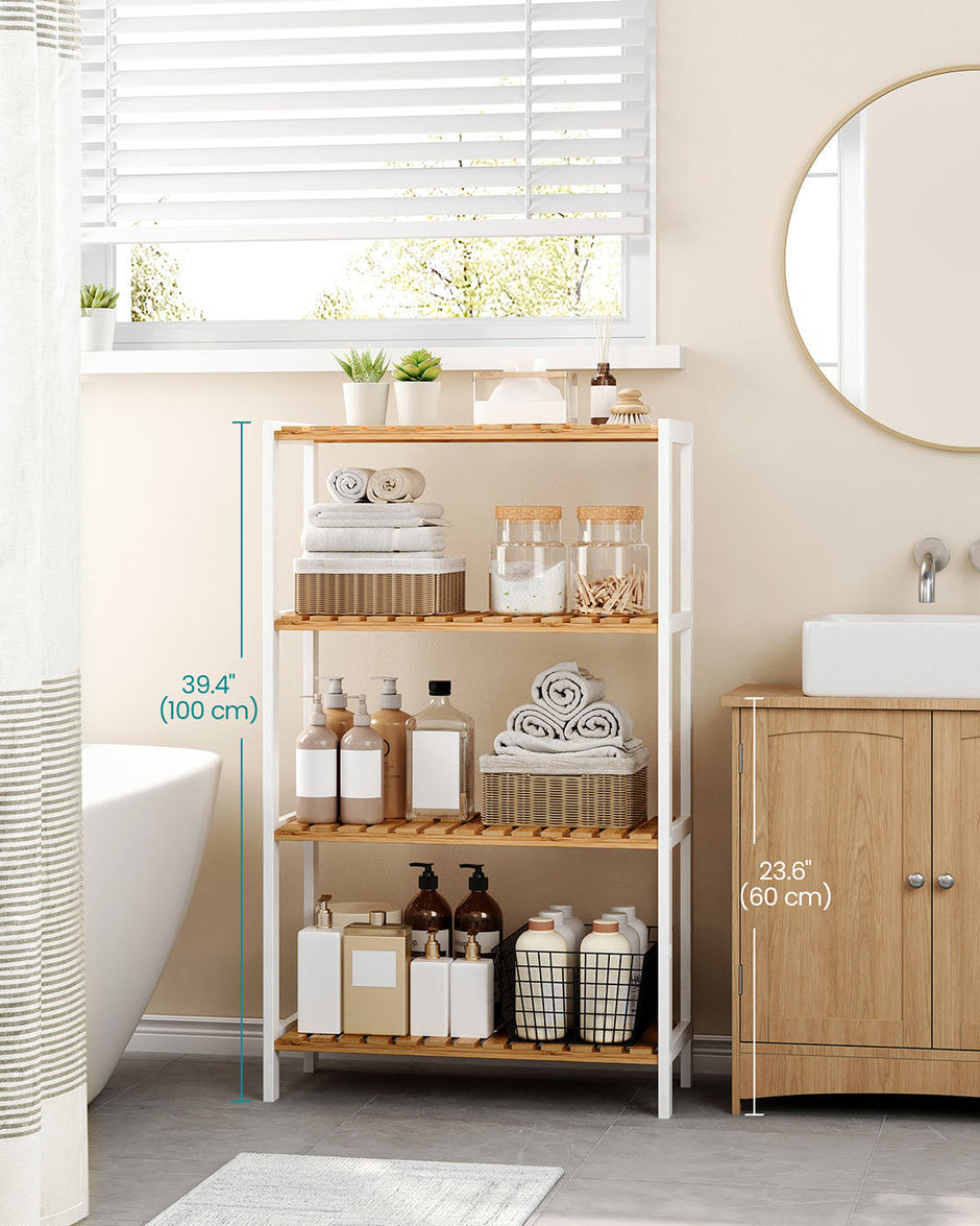 4-Tier Shelving Unit – Bamboo – White and Natural – Multifunctional