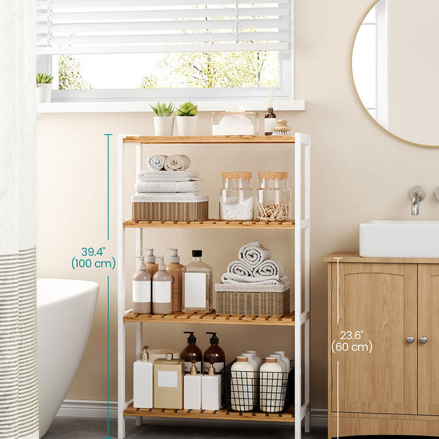 4-Tier Shelving Unit – Bamboo – White and Natural – Multifunctional