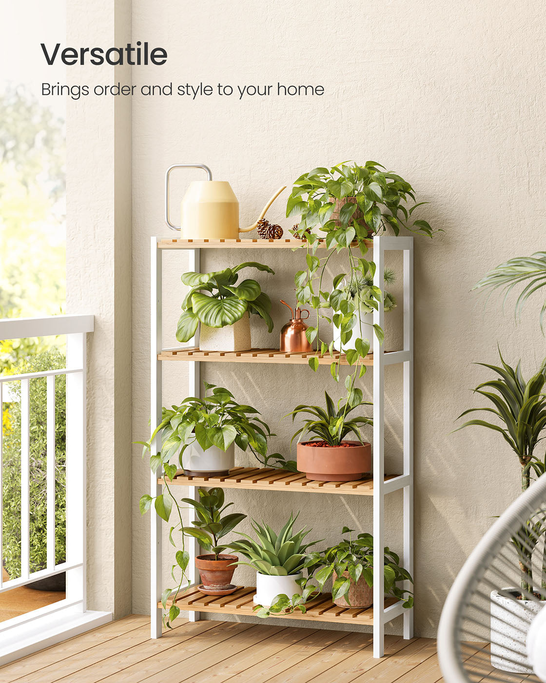 4-Tier Shelving Unit – Bamboo – White and Natural – Multifunctional