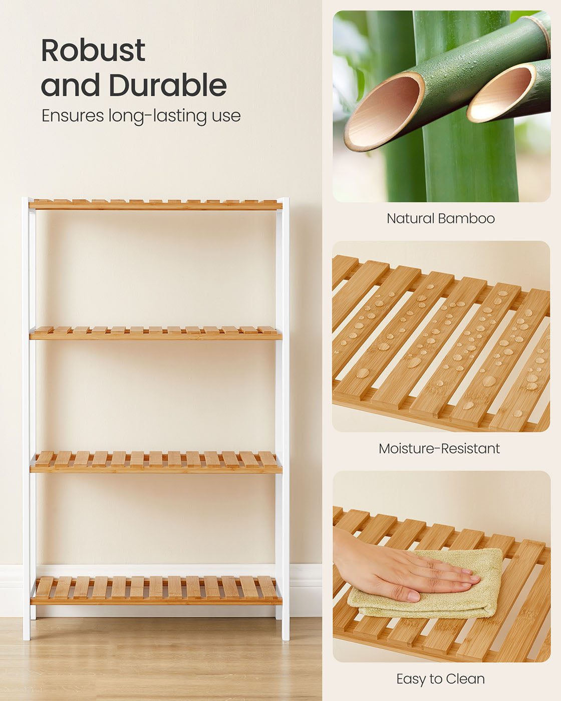 4-Tier Shelving Unit – Bamboo – White and Natural – Multifunctional