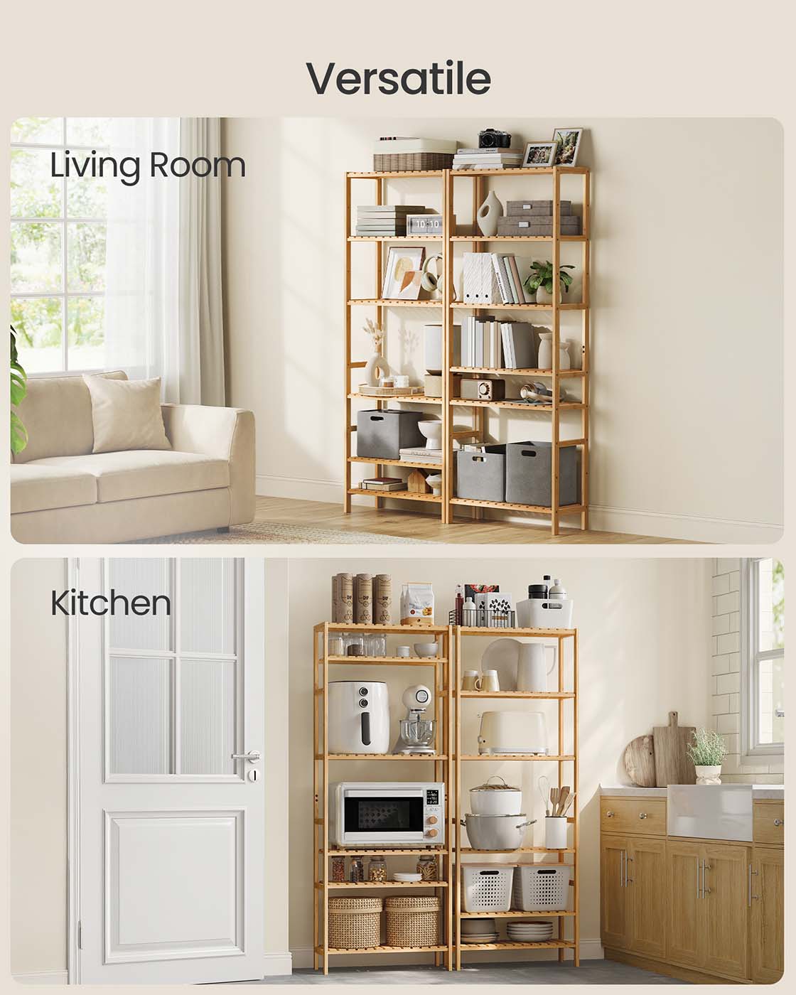 Bamboo Storage Shelf – Natural Beige – Six-Tier Multifunctional Unit