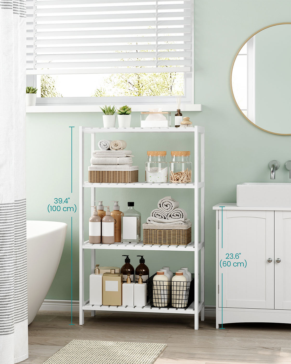 4-Tier Bamboo Storage Shelf – White – Multifunctional Design for Hallway, Bathroom, Living Room, Balcony, Kitchen – 26 x 60 x 100 cm