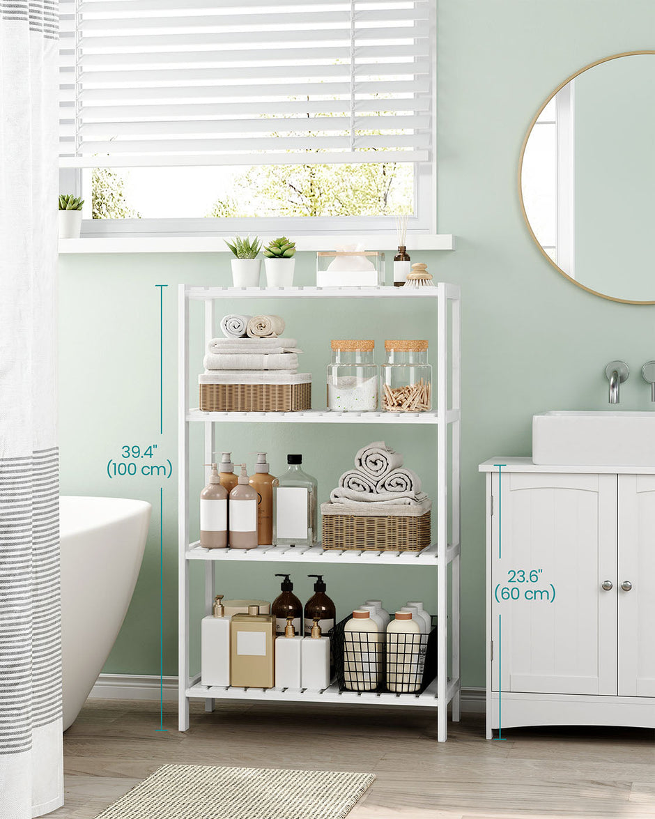 4-Tier Bamboo Storage Shelf – White – Multifunctional Design for Hallway, Bathroom, Living Room, Balcony, Kitchen – 26 x 60 x 100 cm