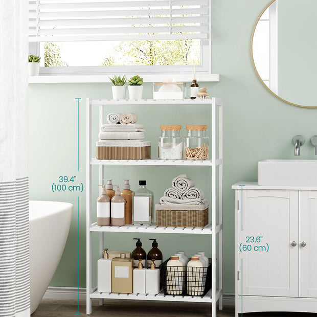 4-Tier Bamboo Storage Shelf – White – Multifunctional Design for Hallway, Bathroom, Living Room, Balcony, Kitchen – 26 x 60 x 100 cm