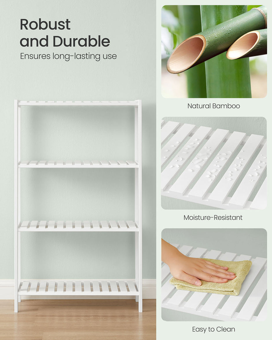4-Tier Bamboo Storage Shelf – White – Multifunctional Design for Hallway, Bathroom, Living Room, Balcony, Kitchen – 26 x 60 x 100 cm