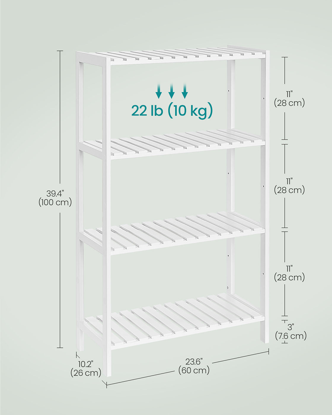 4-Tier Bamboo Storage Shelf – White – Multifunctional Design for Hallway, Bathroom, Living Room, Balcony, Kitchen – 26 x 60 x 100 cm