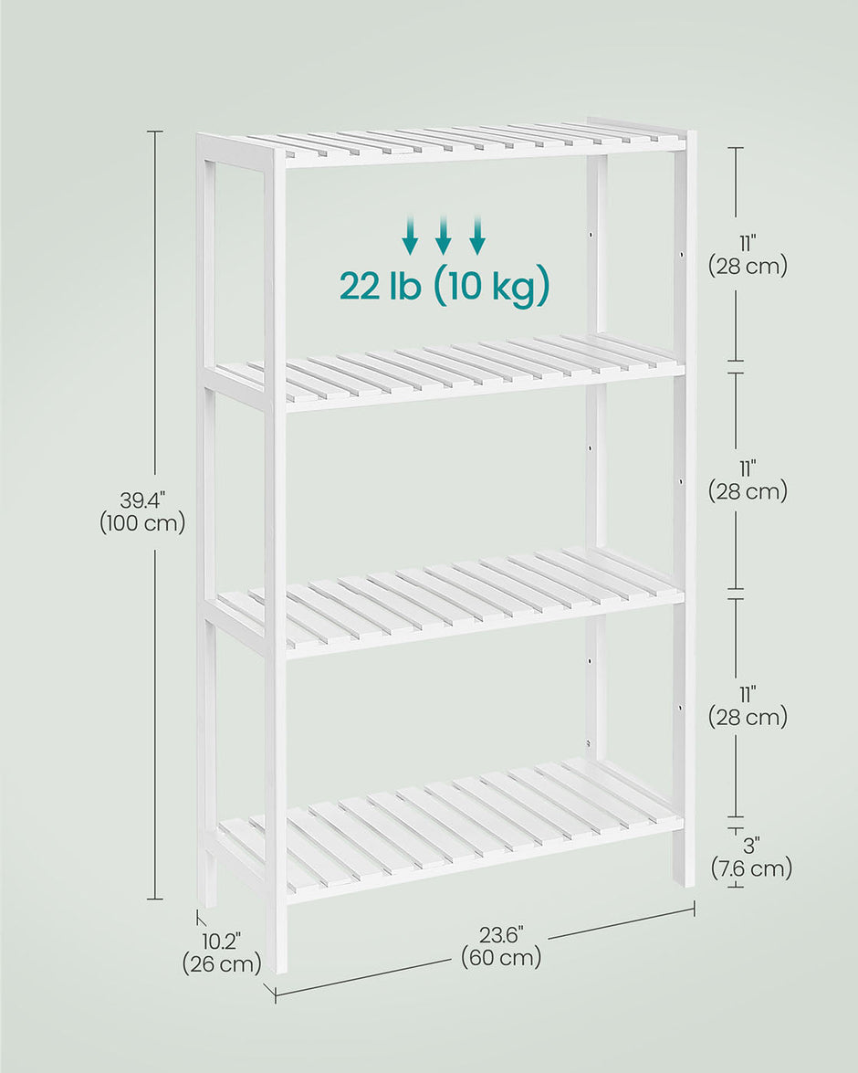 4-Tier Bamboo Storage Shelf – White – Multifunctional Design for Hallway, Bathroom, Living Room, Balcony, Kitchen – 26 x 60 x 100 cm