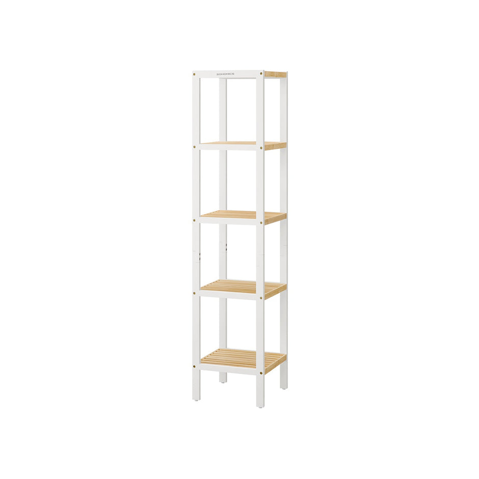 5-Tier Bathroom Shelf – Bamboo – Cloud White and Natural Beige – Narrow Space Design
