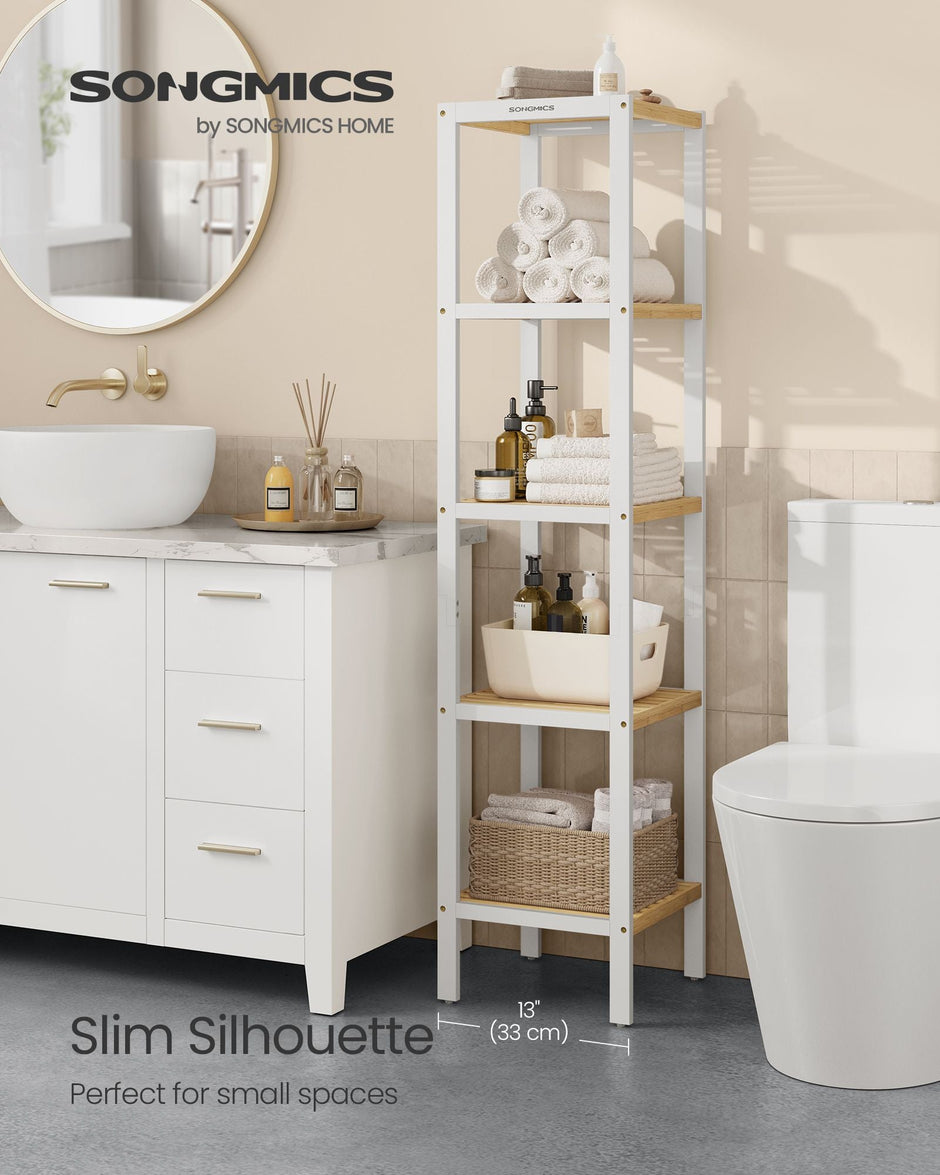 5-Tier Bathroom Shelf – Bamboo – Cloud White and Natural Beige – Narrow Space Design