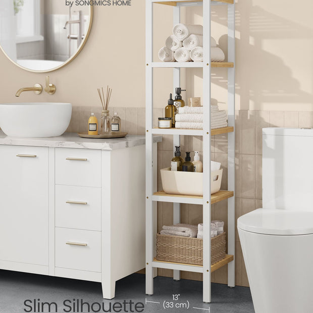 5-Tier Bathroom Shelf – Bamboo – Cloud White and Natural Beige – Narrow Space Design