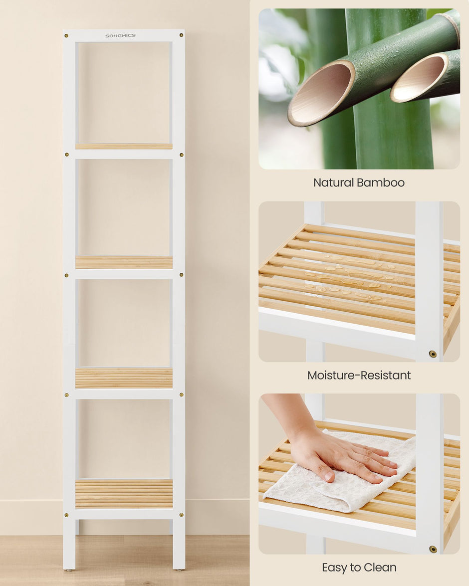 5-Tier Bathroom Shelf – Bamboo – Cloud White and Natural Beige – Narrow Space Design