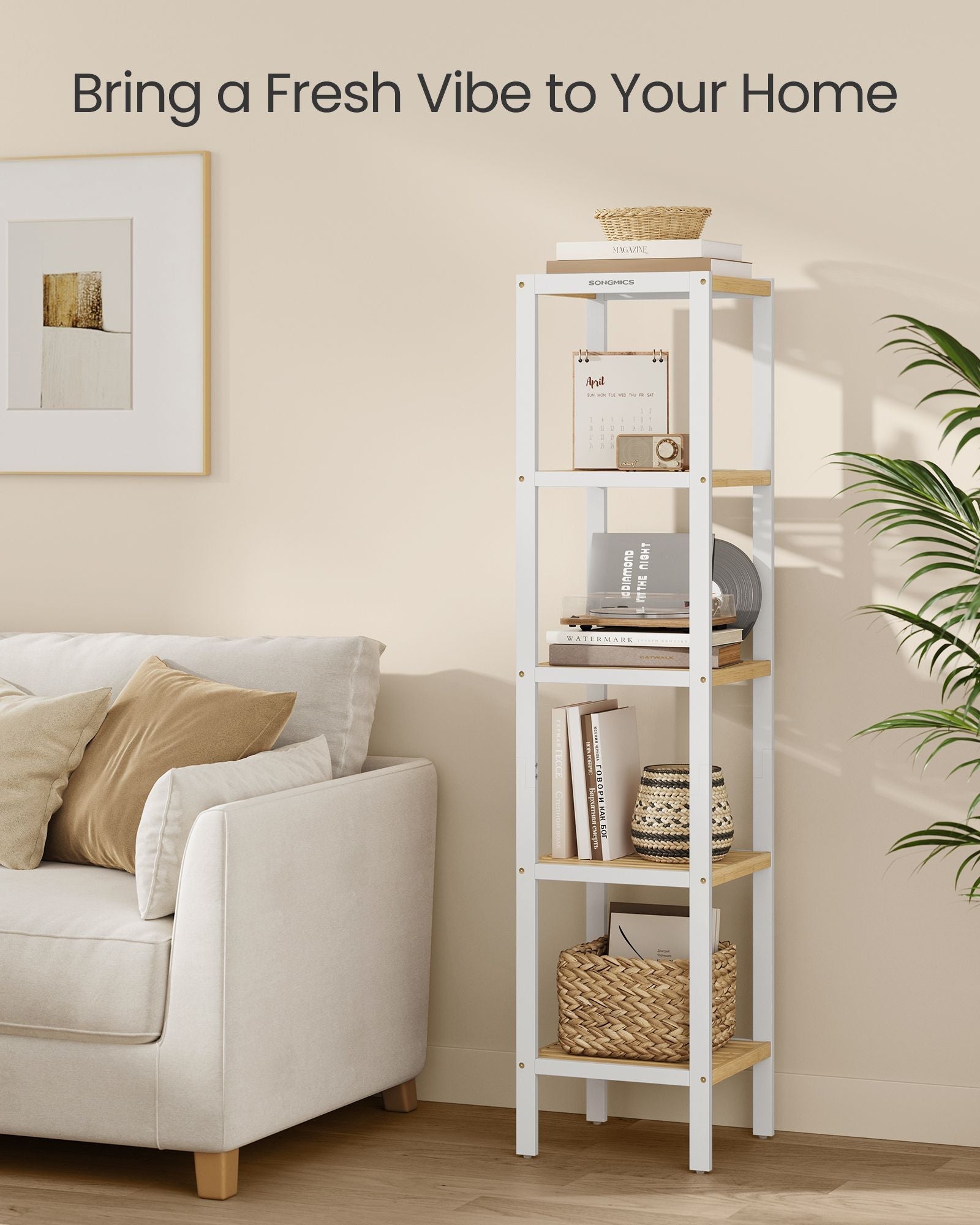 5-Tier Bathroom Shelf – Bamboo – Cloud White and Natural Beige – Narrow Space Design