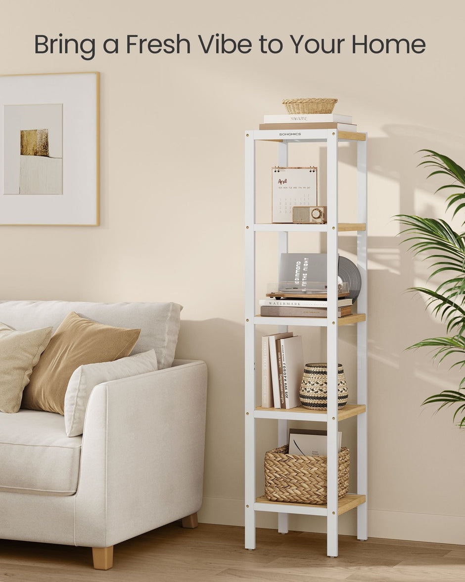 5-Tier Bathroom Shelf – Bamboo – Cloud White and Natural Beige – Narrow Space Design