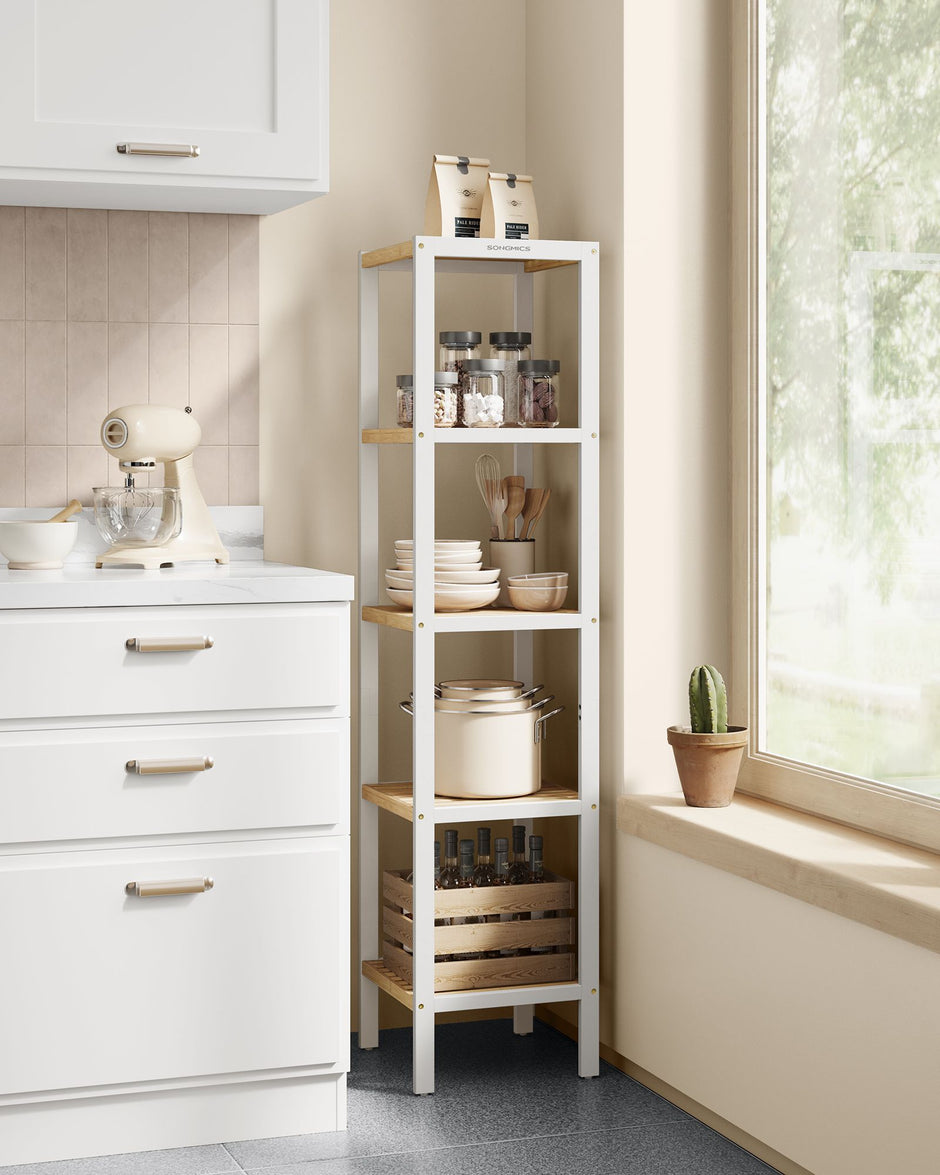 5-Tier Bathroom Shelf – Bamboo – Cloud White and Natural Beige – Narrow Space Design