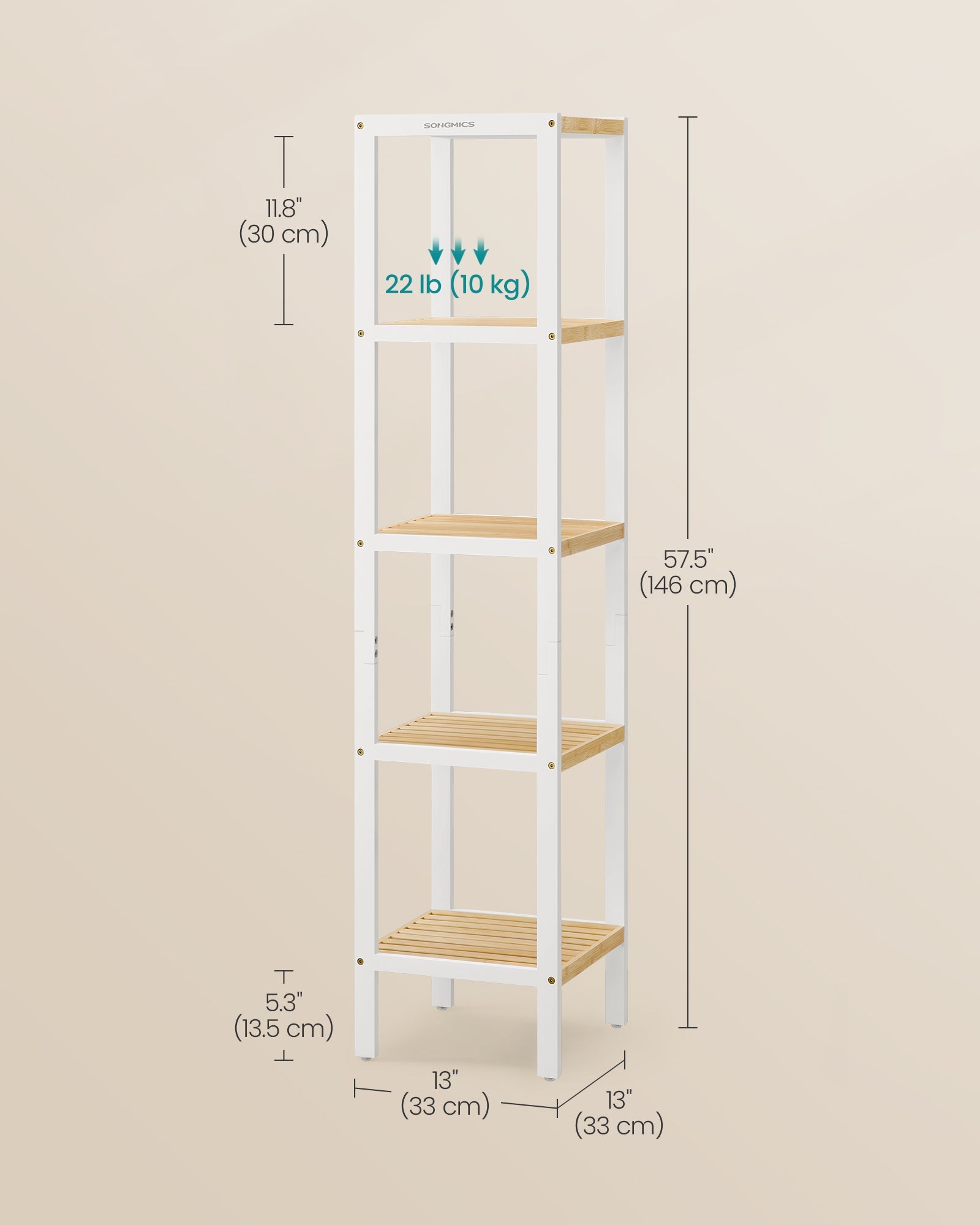 5-Tier Bathroom Shelf – Bamboo – Cloud White and Natural Beige – Narrow Space Design