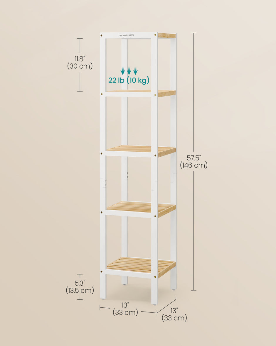 5-Tier Bathroom Shelf – Bamboo – Cloud White and Natural Beige – Narrow Space Design