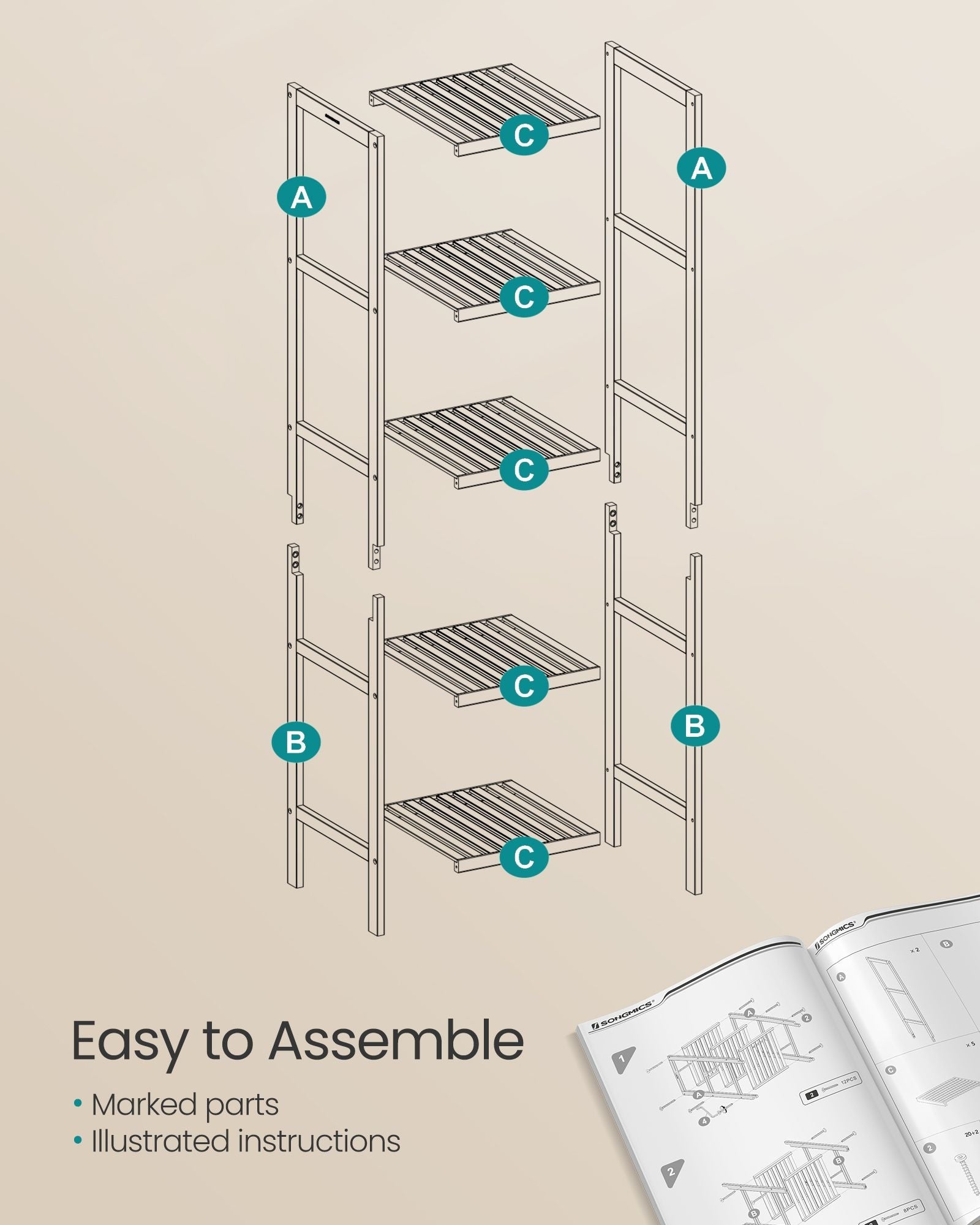5-Tier Bathroom Shelf – Bamboo – Cloud White and Natural Beige – Narrow Space Design