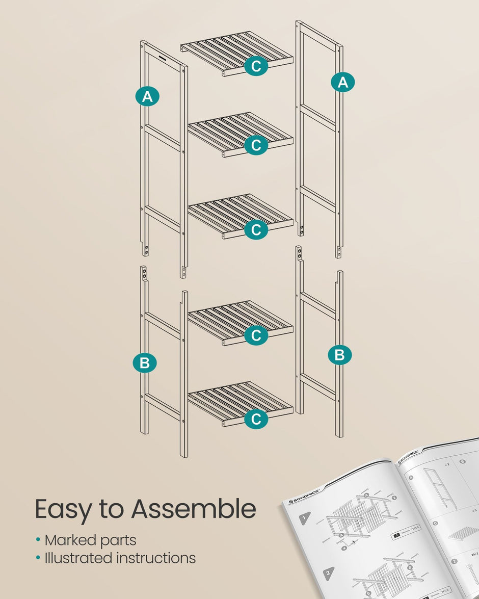 5-Tier Bathroom Shelf – Bamboo – Cloud White and Natural Beige – Narrow Space Design