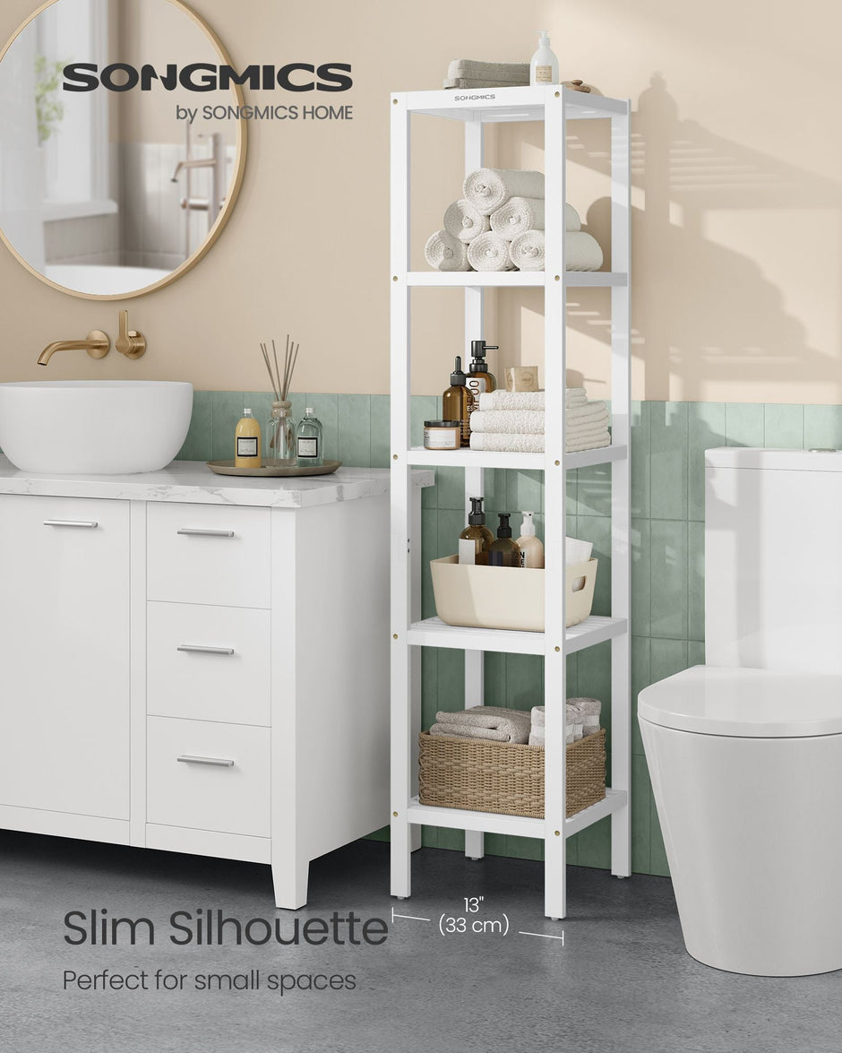 5-Tier Storage Shelf – Bamboo – Cloud White – Space-Saving Design for Narrow Areas