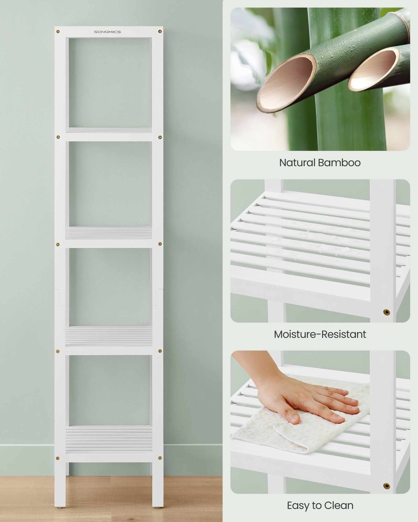 5-Tier Storage Shelf – Bamboo – Cloud White – Space-Saving Design for Narrow Areas