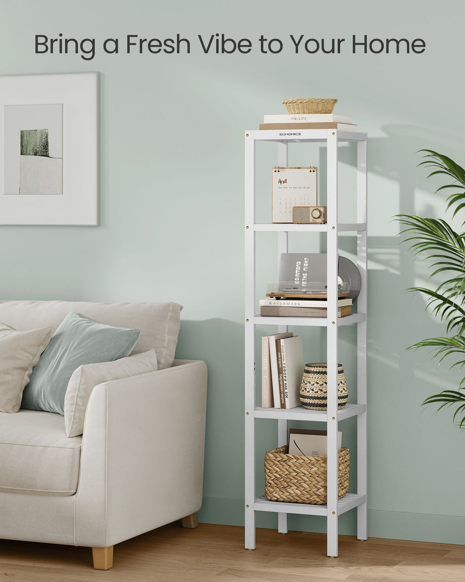 5-Tier Storage Shelf – Bamboo – Cloud White – Space-Saving Design for Narrow Areas