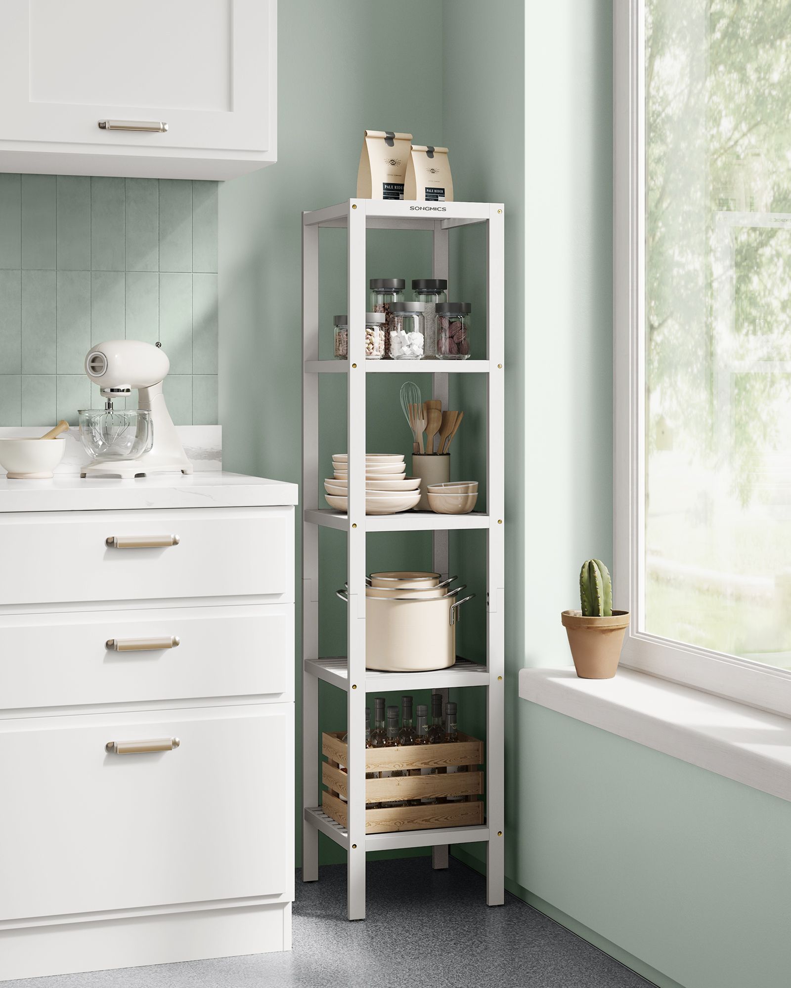 5-Tier Storage Shelf – Bamboo – Cloud White – Space-Saving Design for Narrow Areas