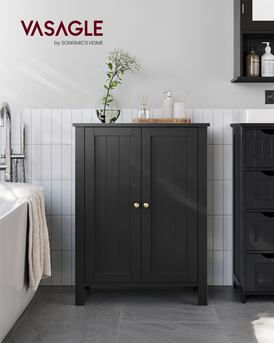 Bathroom Cabinet – Wood – Ink Black – Freestanding with Adjustable Shelves