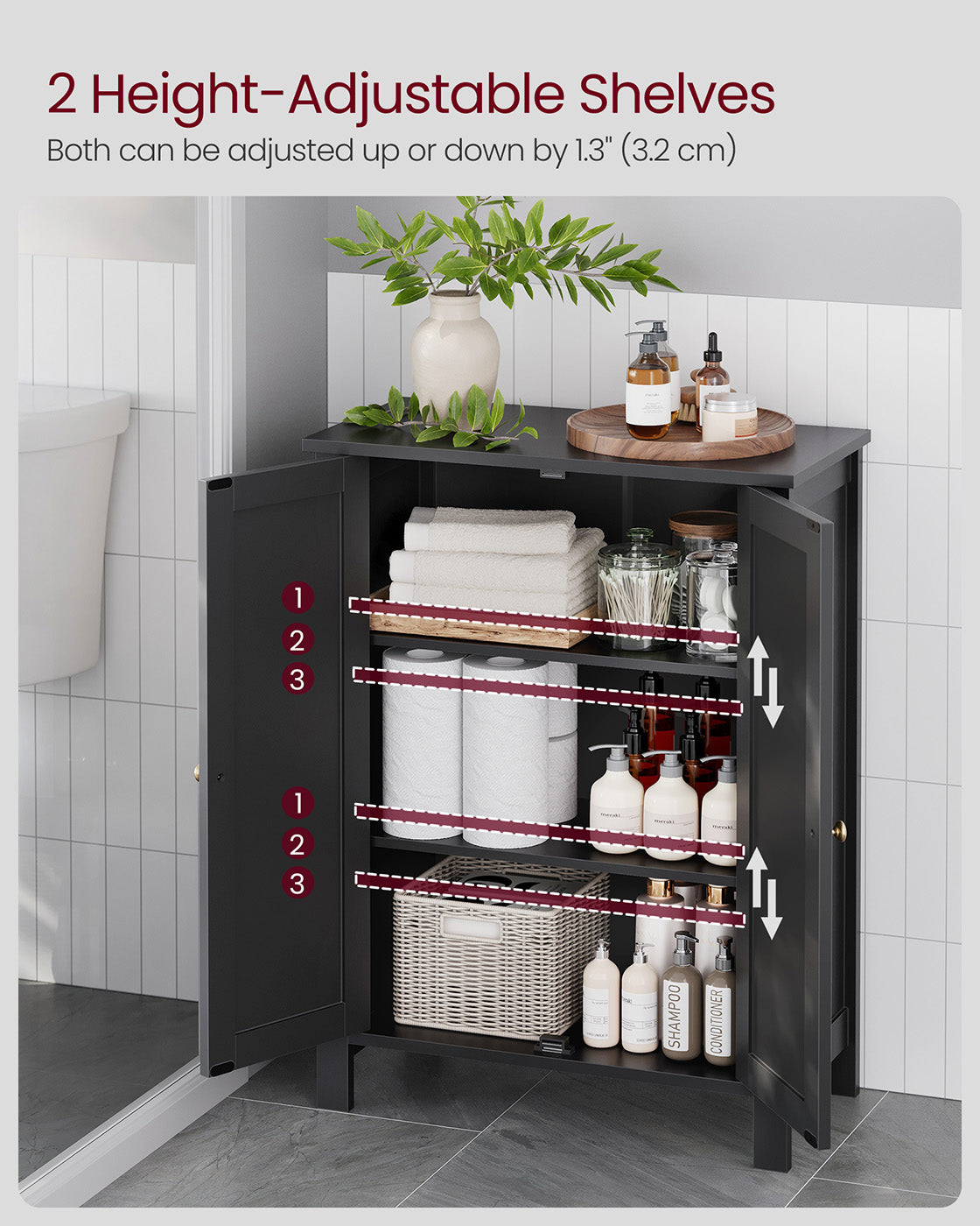 Bathroom Cabinet – Wood – Ink Black – Freestanding with Adjustable Shelves