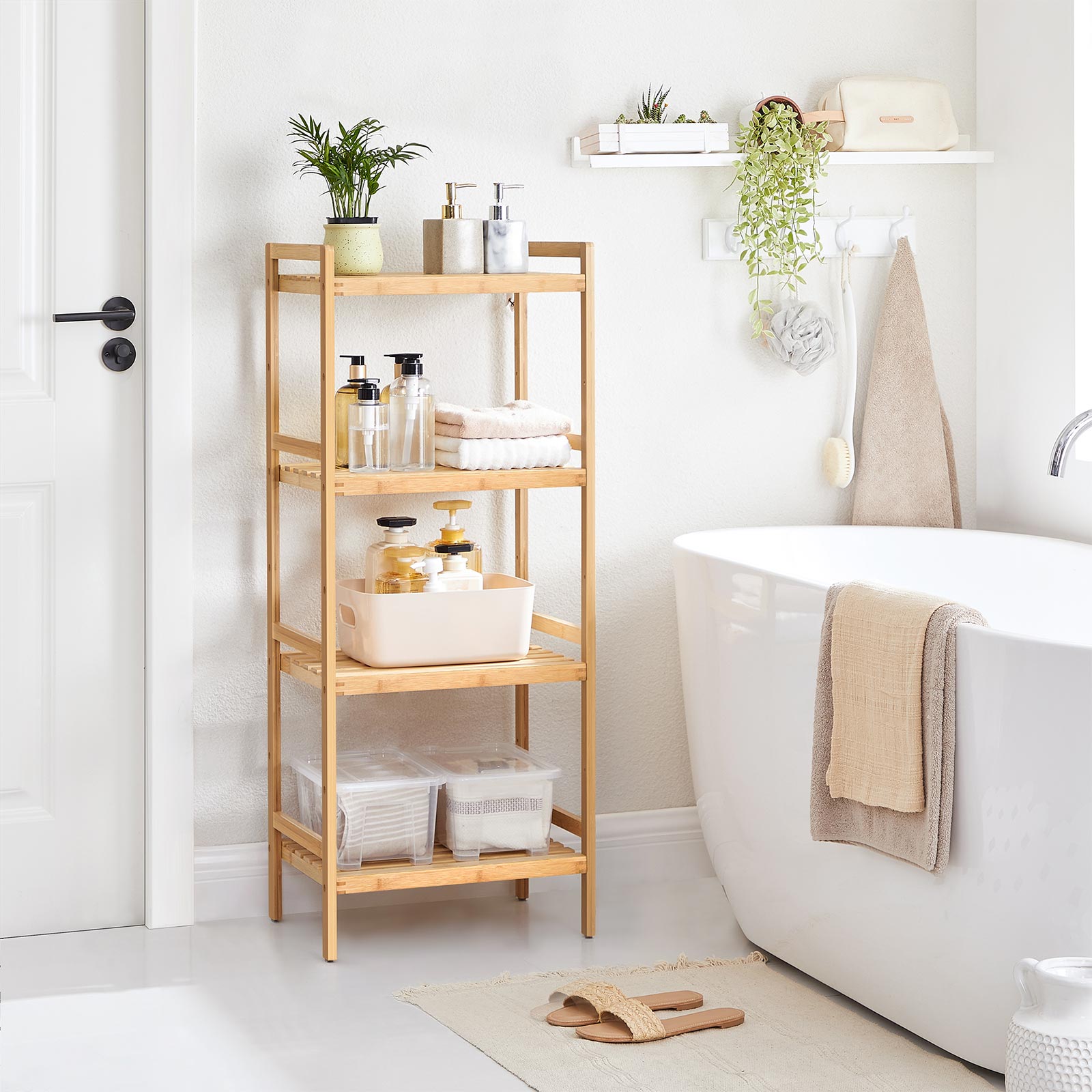 4-Tier Bamboo Shelving Unit – Bamboo – Natural – Versatile Storage Solution for Home Spaces