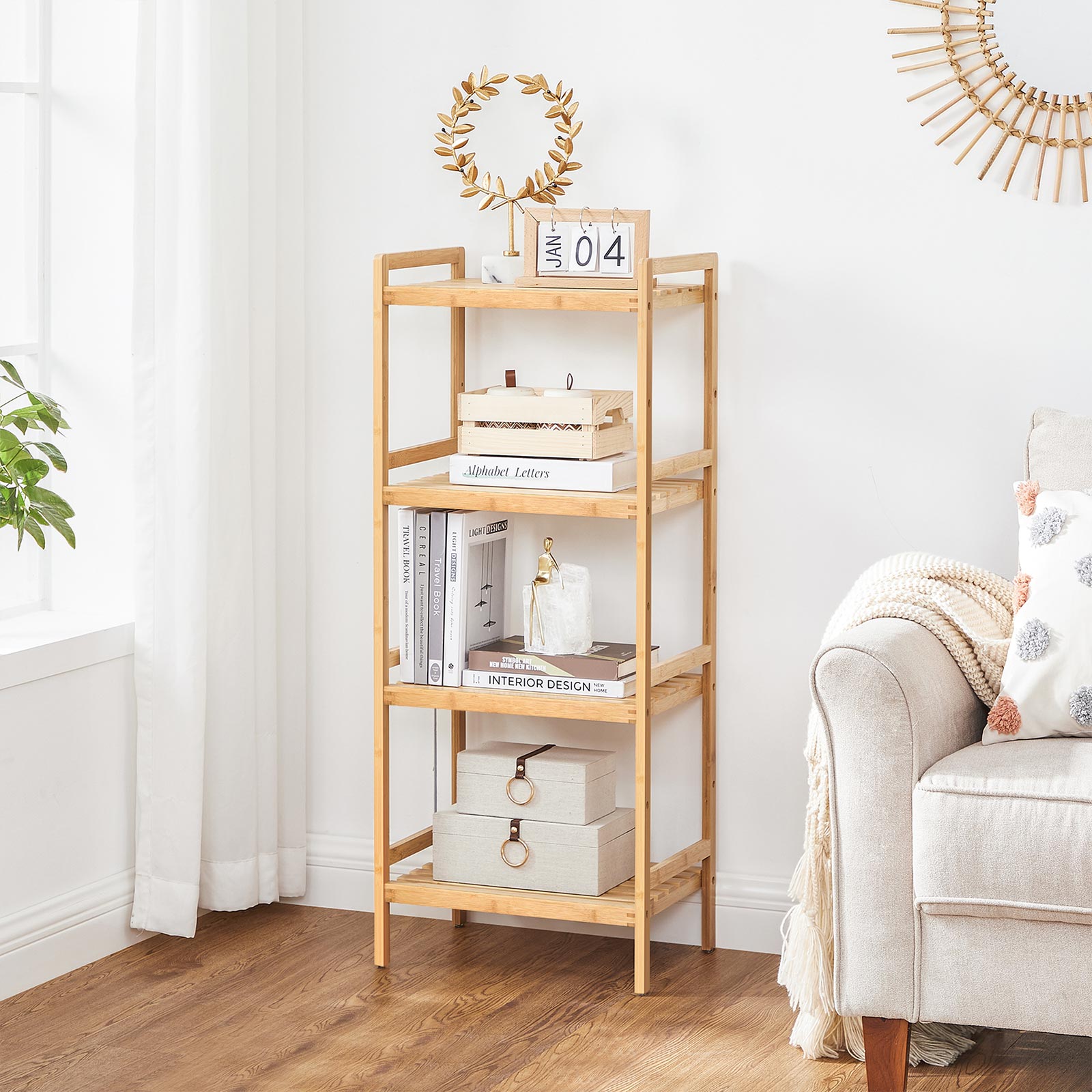 4-Tier Bamboo Shelving Unit – Bamboo – Natural – Versatile Storage Solution for Home Spaces