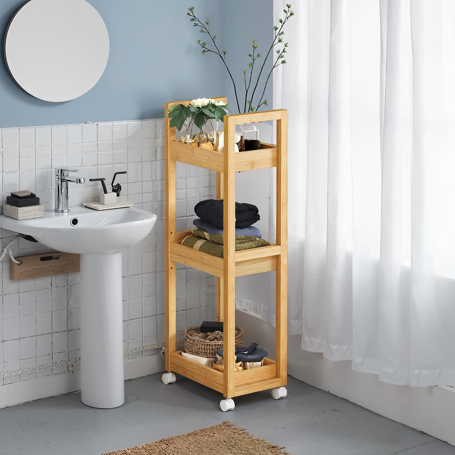 Bathroom Trolley – Bamboo – Natural – Space-Saving 3-Tier Design on Wheels