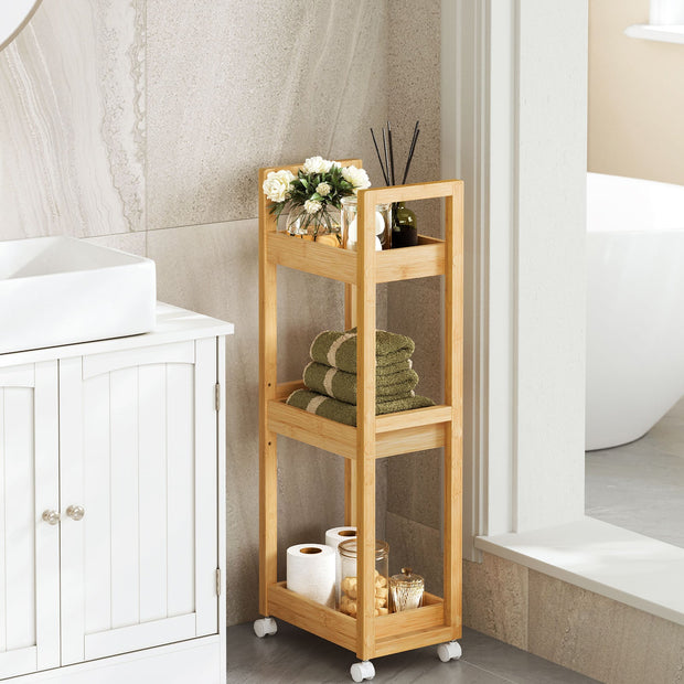 3-Tier Bathroom Trolley – Bamboo – Natural – Space-Saving Design with Wheels