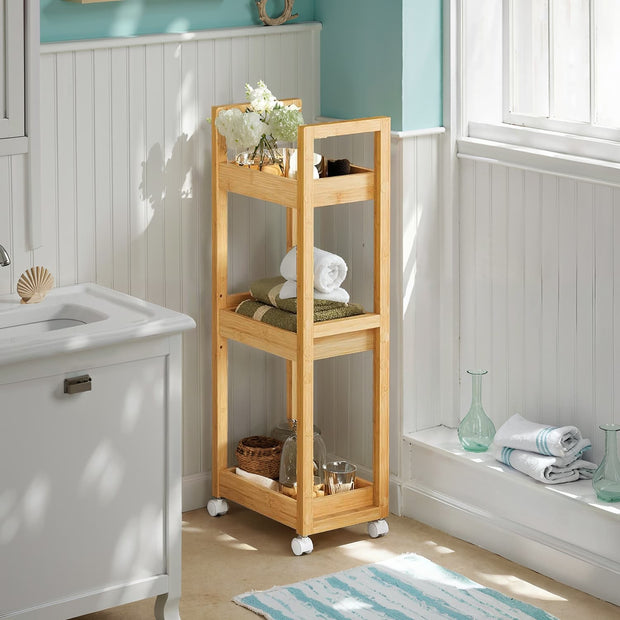 Bathroom Trolley – Bamboo – Natural – Space-Saving 3-Tier Design on Wheels